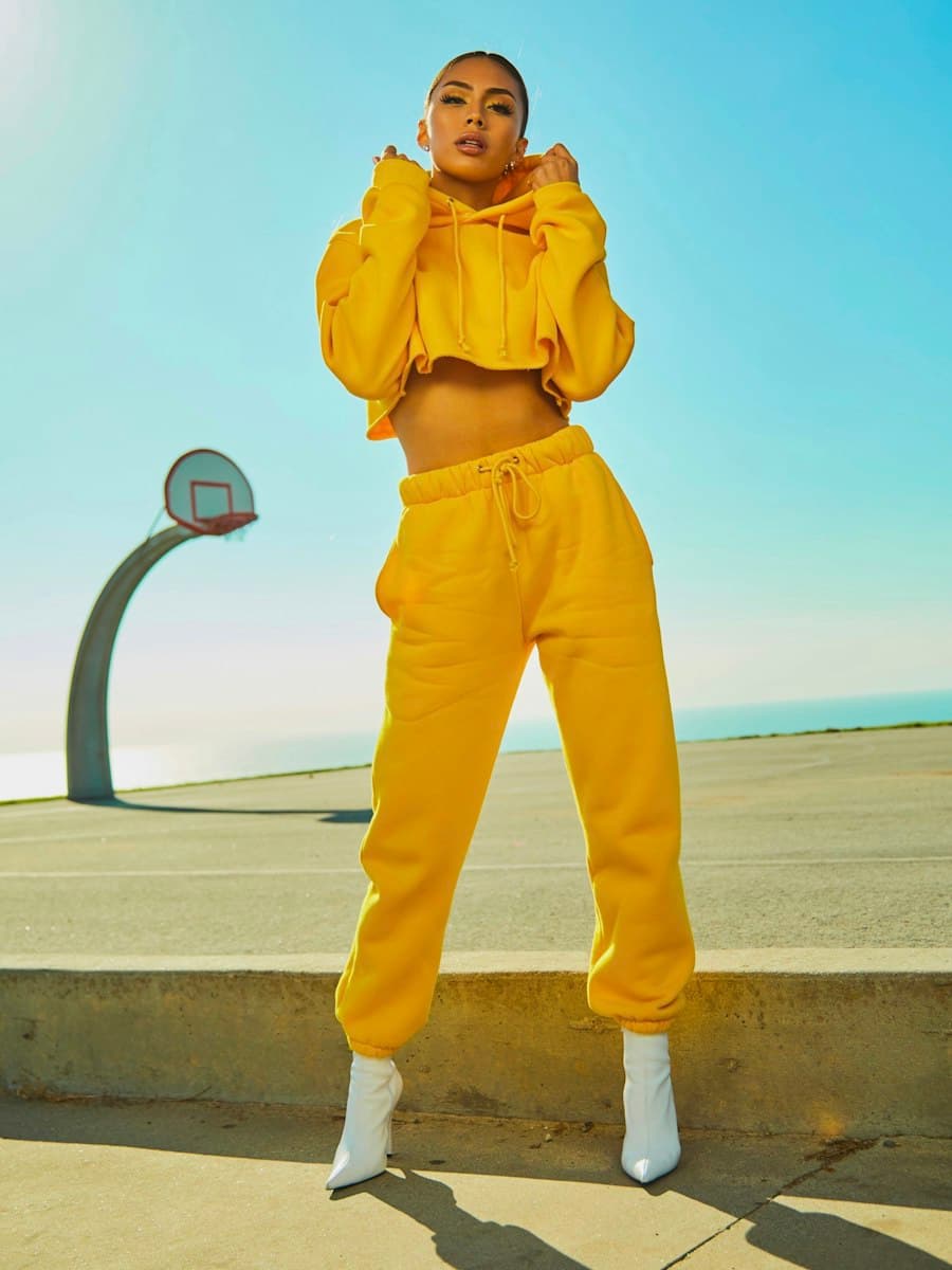 A person in yellow on a rooftop, a vertical fashion reference